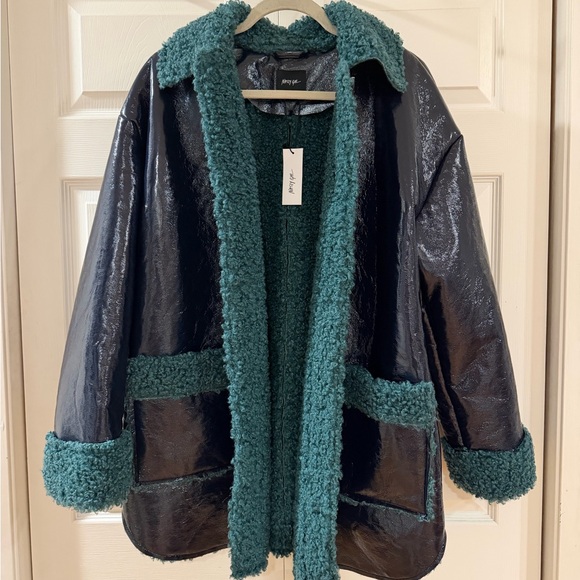 Nasty Gal Jackets & Blazers - Nasty Gal Shiny Black and Teal Teddy Jacket